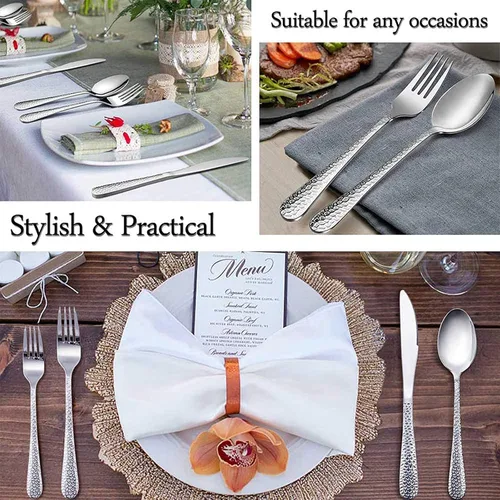 Miniatura 7 de E-far - Juego de 6 cucharaditas martilladas de acero inoxidable moderno, cubiertos de postre para el hogar, cocina, restaurante, borde redondo