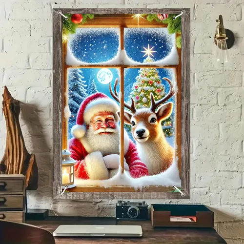 BlissYard Cubierta de ventana de Navidad de 31 x 47 pulgadas, Papá Noel y reno, escena de nieve de invierno, decoración de vacaciones, fondo festivo