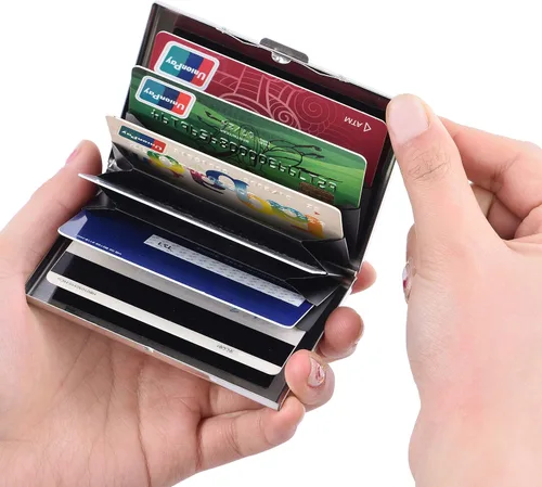 Miniatura 19 de BONSYL® Soporte para tarjetas de crédito, cartera delgada de metal con bloqueo RFID, con 6 ranuras para tarjetas, para mujeres y hombres.
