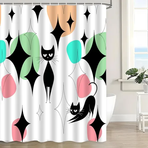 Miniatura 6 de Mid Century Black Cat Shower Curtain Modern Atomic Abstract Geometric Iconic Pattern Retro Black Kitty Animal 1950s 1960s Vintage Funny Teal Fabric