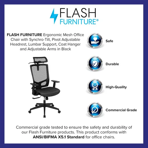 Miniatura 4 de Flash Furniture Layla - Silla de oficina ergonómica de malla con inclinación sincronizada, reposacabezas ajustable pivote, soporte lumbar, colgador