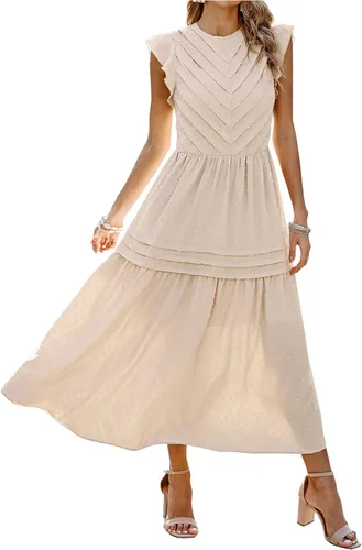 Angashion Vestido largo de verano para mujer, casual, cuello redondo, manga casquillo, lunares suizos, plisado, liso, largo, vestido skater