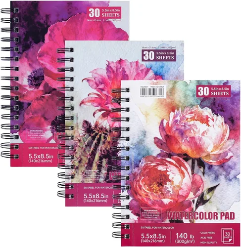 Miniatura 9 de Paquete de 3 blocs de papel de acuarela de 90 hojas de 5.5 x 8.5 pulgadas, 140 libras/300 GSM, de algodón de prensa en frío, cuaderno de bocetos