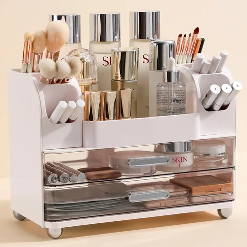 Miniatura 7 de Organizador de maquillaje Anyoifax para encimera con cajones grandes, organizador de tocador con soporte para brochas, almacenamiento