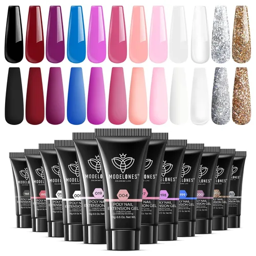 Miniatura 9 de modelones Kit de gel de extensión de polivinílico de 12 colores, juego de uñas de poliéster para todas las estaciones, colores nude, rosa, azul