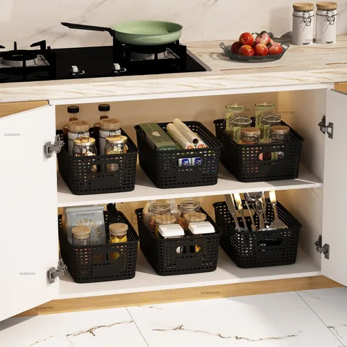 Miniatura 6 de Cestas de almacenamiento de plástico negro con tapas, paquete de 10 recipientes de almacenamiento apilables contenedores para organización