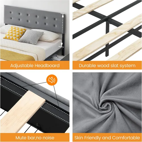 Miniatura 7 de Alkmaar Base de cama tapizada de terciopelo tamaño matrimonial con 4 cajones de almacenamiento y cabecero, base de colchón con botones cosidos