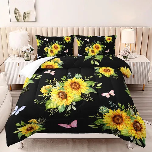 Miniatura 35 de Juego de edredón floral colorido de 3 piezas, juego de ropa de cama botánica bohemia tamaño queen, diseño boho de granja con flores y hojas impresas