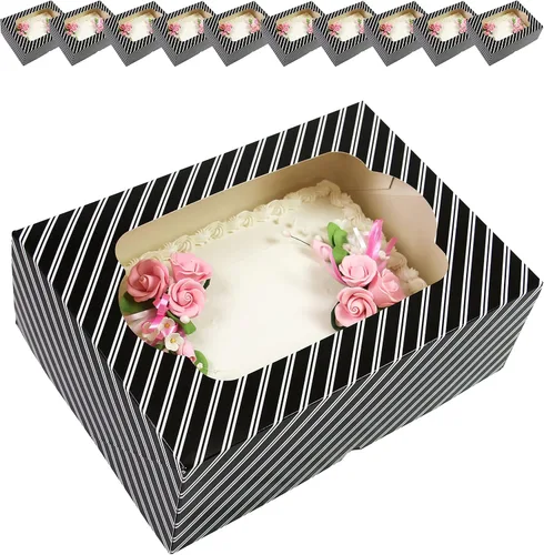 Global Sugar Art Caja para pastel de 10 hojas con ventana, resistente, autoemergente (14 x 10 x 4 pulgadas, rayas blancas y negras)