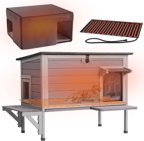 GUTINNEEN - Casa para gatos con calefacción con cable aislado anti-mordedura, casa para gatos al aire libre resistente a la intemperie con forro,