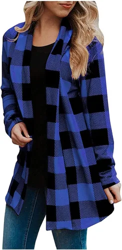 Miniatura 2 de Women's Long Sleeve Open Front Cardigan Buffalo Plaid Knitted Tops Shirts