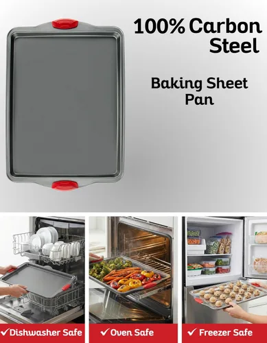 Miniatura 7 de Boxiki Kitchen Bandeja antiadherente para hornear y galletas, no tóxica de acero al carbono con borde de 11 x 14 pulgadas. Resistente a abolladuras