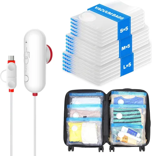 VMstr Paquete de 15 bolsas de almacenamiento al vacío de viaje con bomba USB, sello de embalaje al vacío para equipaje y maleta, ahorro de espacio