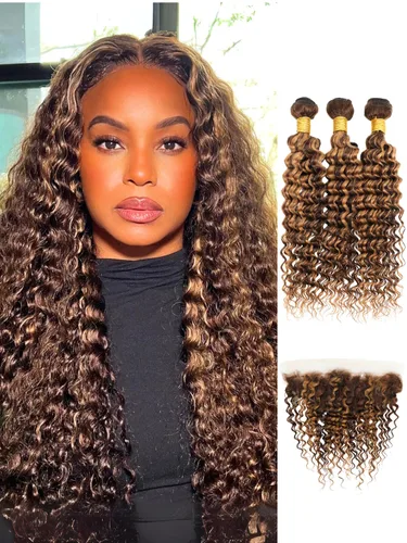 Miniatura 12 de P4/27 Cabello Humano Solitario de Onda Profunda con Reflejos Rubios Miel, 12A 100% Tejido Brasileño Virgen Ondulado Grueso con Mechas Ombre Marrón