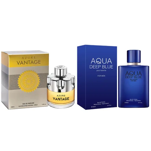 Miniatura 15 de Set de regalo de perfume para hombre, EDP, paquete de 2 (3.4 oz / 3.4 fl oz cada uno), Amazing Code Gold, AQUA DE EP BLUE, ámbar picante y azul
