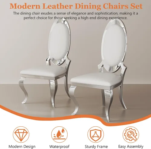 Miniatura 3 de Juego de 2 sillas con 2 sillas de comedor de piel sintética blanca, silla de cocina moderna con respaldo ovalado y patas de acero inoxidable