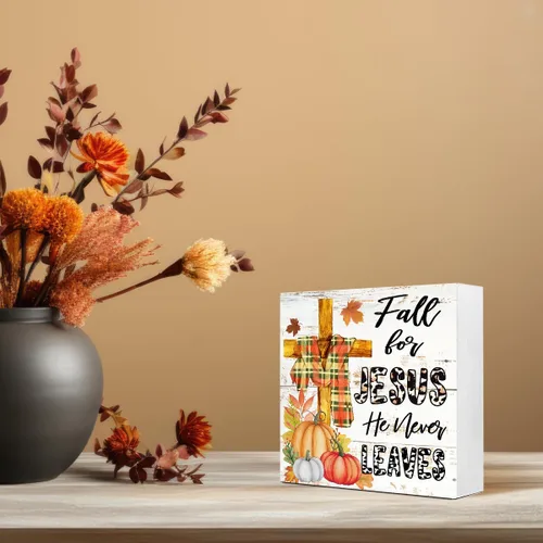Miniatura 6 de LVQHI Letreros de madera de otoño con texto en inglés «Fall for Jesus He Never Leaves» con cruz de calabaza para el hogar, dormitorio, oficina, Caer