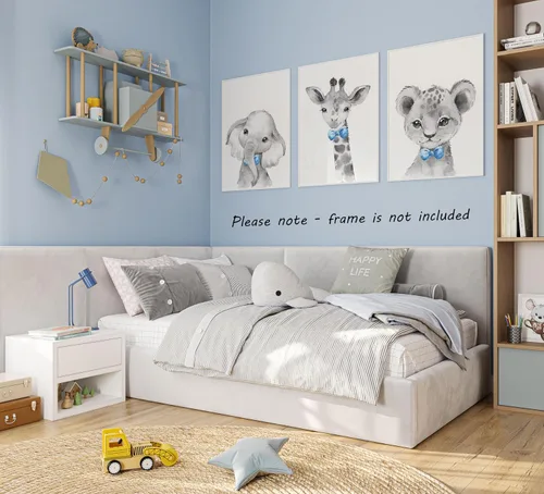 Miniatura 5 de Safari Animals - Juego de 3 impresiones artísticas de pared sin marco, carteles de animales grises con pajarita azul, elefante jirafa león, póster