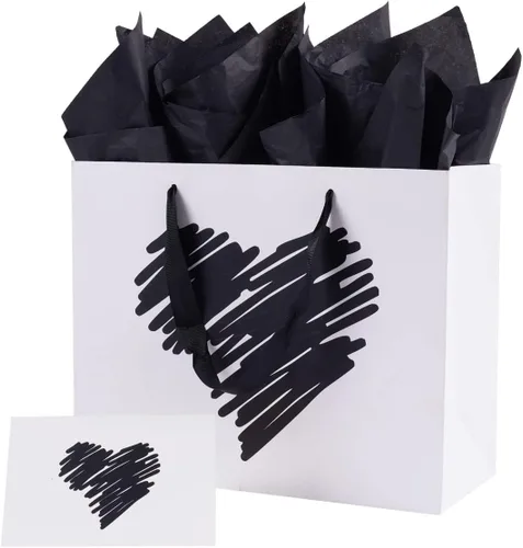 Miniatura 7 de ysmile Pequeña bolsa de regalo negra con papel de seda para hombres, fiesta de cumpleaños, aniversario, día del padre, 7.8 pulgadas, corazón dorado