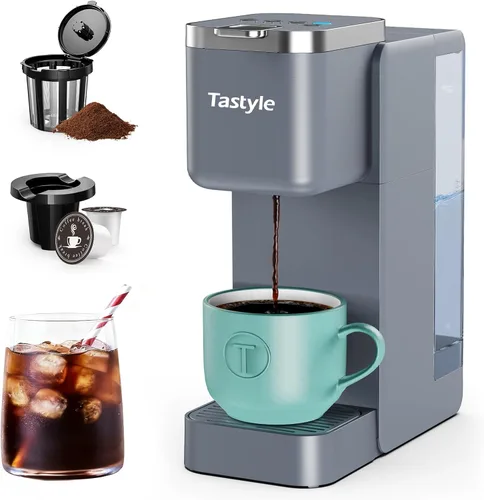 Tastyle Cafetera de una sola porción, máquina de café helado y caliente para cápsulas K y molidos, diseño compacto, depósito de agua extraíble de 40