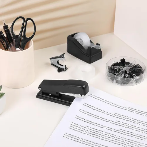Miniatura 8 de SKYDUE Juego de suministros de oficina negros, accesorios de escritorio negros, grapadora, dispensador de cinta, tijeras, carpeta/clips de papel
