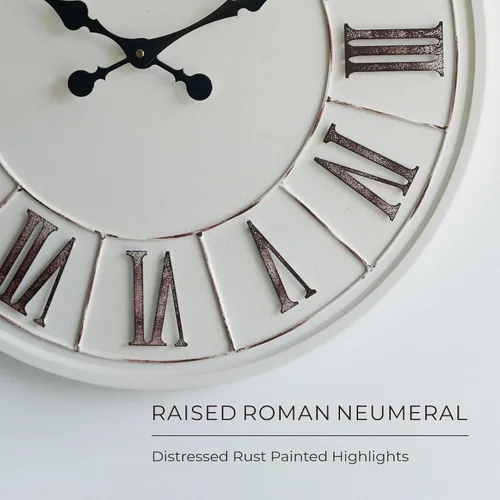 Miniatura 5 de Reloj de pared grande de estilo granja - 24 pulgadas, blanco rústico, número romano envejecido, cara de metal, funciona con pilas, reloj decorativo