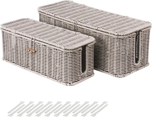 Miniatura 9 de BROWNLILY Caja de Gestión de Cables, Organizador de Cables Estilo Ratán para Escritorio, Ocultador de Cables, Cubiertas de Enchufes a Prueba