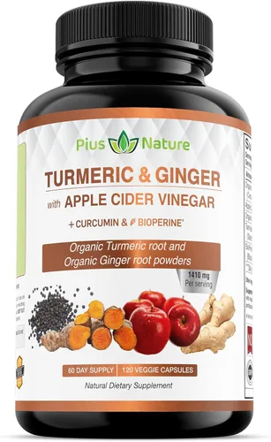120 cápsulas de polvo de raíz de cúrcuma orgánica USDA, polvo de jengibre orgánico USDA y vinagre de sidra de manzana en polvo con curcumina (95%