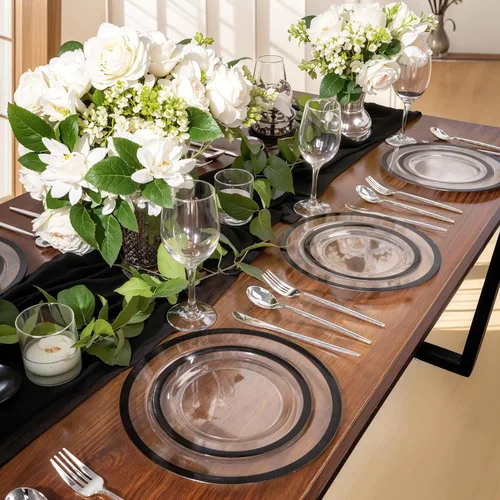 Miniatura 8 de U-QE 120 platos negros desechables para fiestas, platos transparentes y negros, desechables, resistentes, platos desechables elegantes, incluyen 60