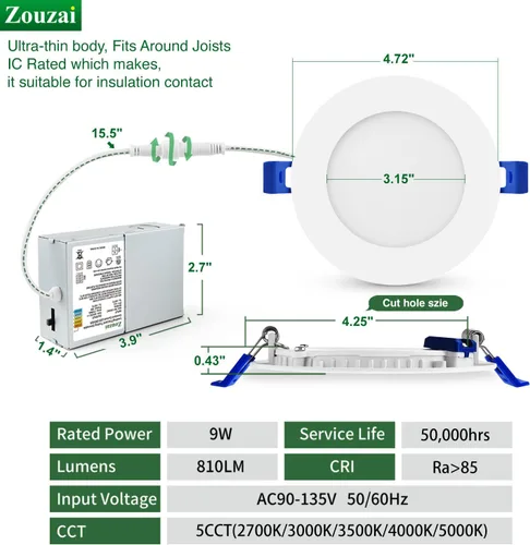 Miniatura 4 de zouzai Paquete de 1 lámpara de techo empotrable LED ultrafina de 4 pulgadas 5CCT con caja de conexiones, 2700K/3000K/3500K/4000K/5000K