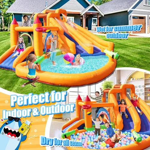 Miniatura 7 de Casa inflable de rebote, tobogán acuático triple para niños con doble cañón, pared de escalada, salto, piscina de chapoteo, aro de baloncesto