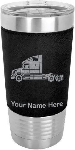 LaserGram Taza aislada al vacío de 20 onzas, cabina de camión, grabado personalizado incluido (piel sintética, negro)