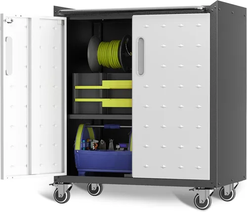 Miniatura 14 de Armario de almacenamiento de metal para garaje con ruedas, gabinete rodante con cerradura para herramientas con cajón y estantes, gabinete móvil
