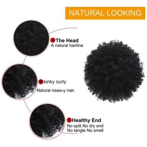 Miniatura 5 de Extensión de cola de caballo rizada con cordón para mujeres negras, extensiones de cabello sintético corto afro kinkys rizado con dos clips (1#)