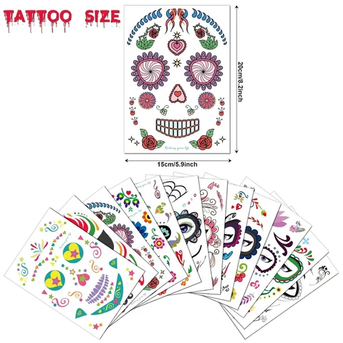 Miniatura 2 de Tatuajes faciales temporales de Halloween (paquete de 8 unidades), Konsait Día de los Muertos, calavera de azúcar, floral, negro, esqueleto, red