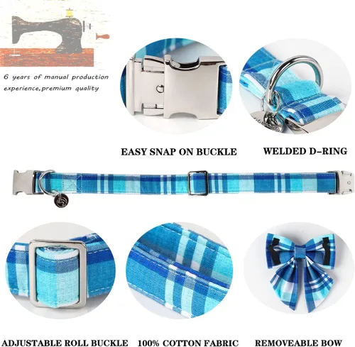 Miniatura 2 de DOGWONG Collar de perro de algodón a cuadros azules, collar de algodón para perro con lazo, lindo collar de perro para perros pequeños, medianos