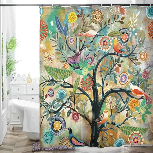 Miniatura 10 de Cortina de ducha bohemia, tela de poliéster repelente al agua con estampado floral bohemio para decoración de baño, 72 x 72 pulgadas