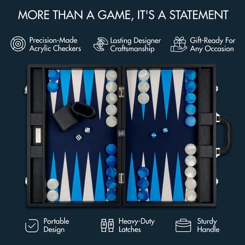Miniatura 5 de Pointworks Juego de Backgammon Premium de 19 Pulgadas para Adultos de Cuero Negro - Azul. Juego de Fichas y Dados Premium de 1.6 Pulgadas, Juego