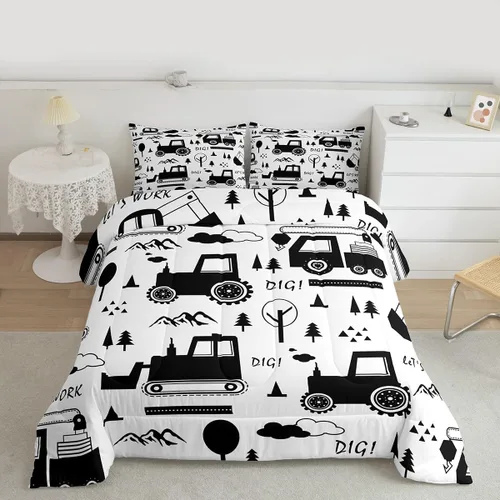 Miniatura 25 de Feelyou Juego de edredón de coche de dibujos animados para niños, edredón de construcción para niños, juego de ropa de cama de camiones y equipos