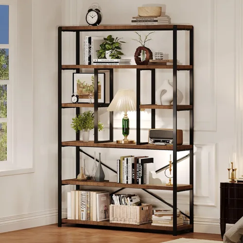 Miniatura 12 de LVB - Estantería alta de 6 niveles en negro, moderna y amplia estantería de almacenamiento, estante de madera y metal industrial de 6 estantes