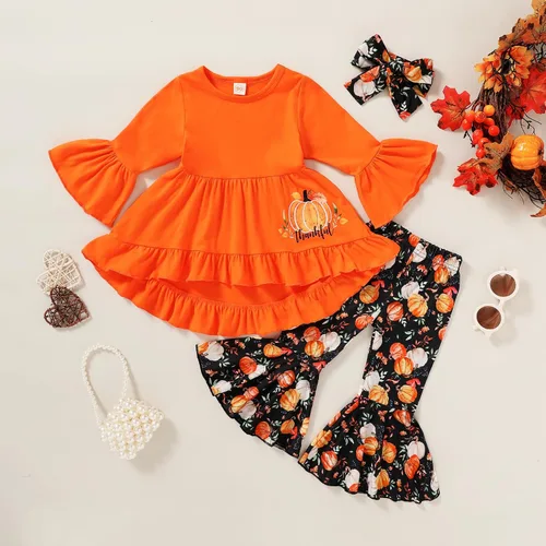 Miniatura 2 de Halloween Acción de Gracias niños ropa de calabaza pavo camiseta vestido + pantalones + diadema conjunto de otoño 3 piezas