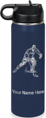 Miniatura 49 de LaserGram Botella de agua personalizada, jugador de hockey, acero inoxidable de doble pared aislada al vacío con popote superior, regalo grabado