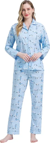 Miniatura 3 de Amaxer Conjunto de pijama 100% algodón para mujer, de manga larga, suave, con botones, con cordón elástico