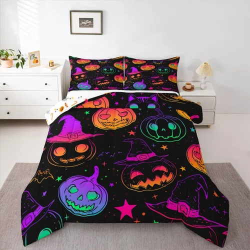 Miniatura 48 de Erosebridal Juego de ropa de cama de murciélago de Halloween, tamaño individual, juego de edredón de estrellas con purpurina y galaxia para niños