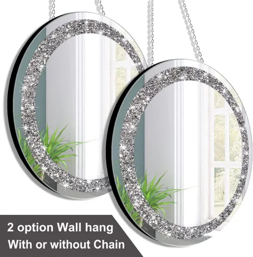 Miniatura 2 de QMDECOR Juego de 2 espejos plateados de cristal estrellado con diamantes, forma redonda, diámetro de 12 pulgadas con cadena de hierro, espejo