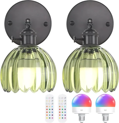 Miniatura 14 de Shenmoyl Aplique de Pared Vintage Operado por Batería con Linda Campana de Vidrio Tulipán Verde, Recargable Inalámbrica, Luz de Pared con Control