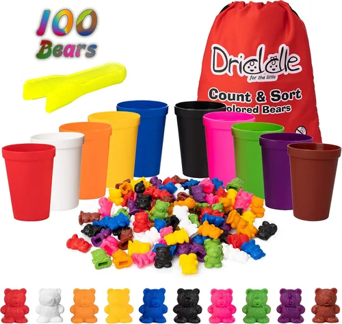 Driddle Osos coloridos para contar con tazas a juego, 100 osos, juguete de aprendizaje de reconocimiento de clasificación, cuenta y color para niños