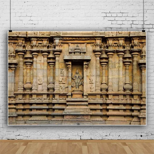 Miniatura 8 de AOFOTO Telón de fondo tallado de templo hindú de 5 x 4 pies de Thanjavur, antiguas columnas de templo Brihadishvara, ídolos tallados en fondo