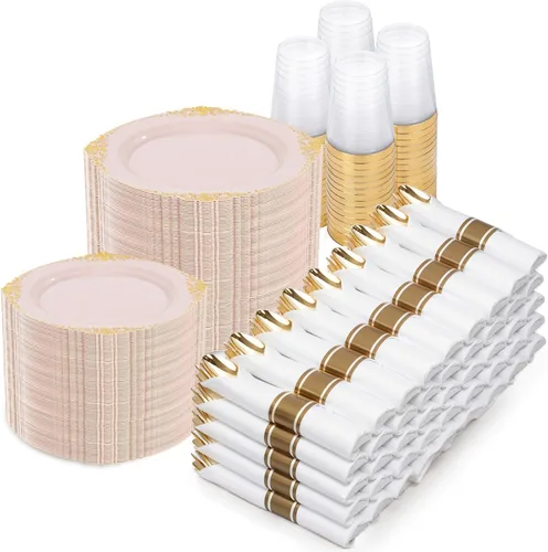 Miniatura 17 de Nervure 175 platos de plástico dorado transparente, platos desechables dorados para fiestas y servilletas preenrolladas con cubiertos para 25 Claro