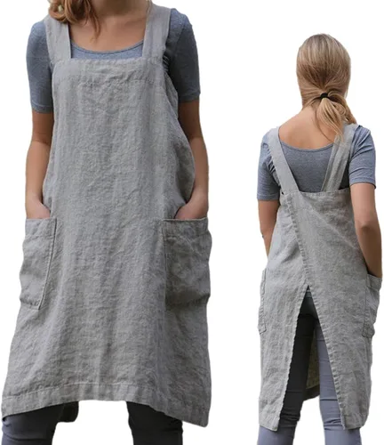 ZQFFB Pinafore - Delantal con espalda cruzada para mujer, con bolsillos, bata japonesa para el trabajo, jardinería, cocina, pintura, hornear Gris